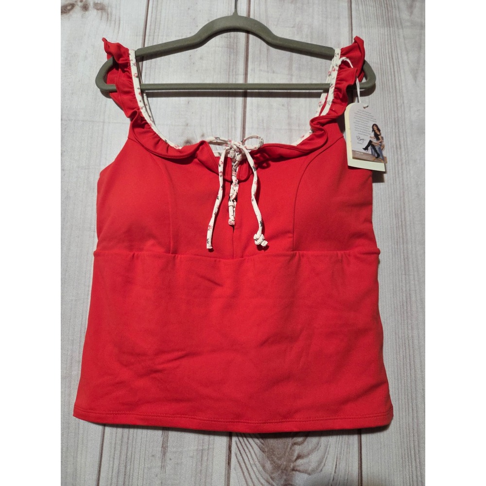 Blogilates Ruffle Lace Up Tank Red Floral Tie Activewear Top XL Activewear NEW